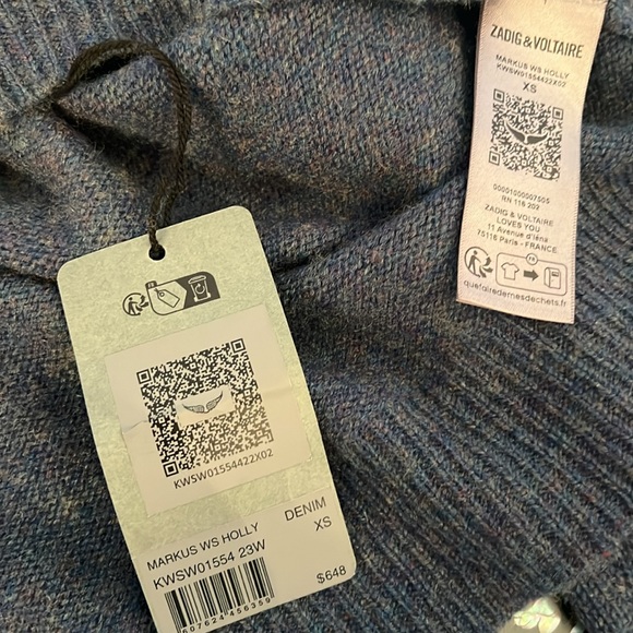 Zadig & Voltaire Cashmere Sweater Denim color Size XS runs like a LG/XL - Picture 8 of 9